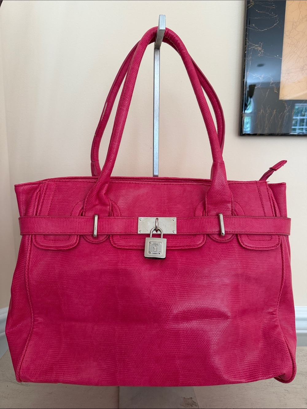 Women's Pink Tote Handbag with Lock Accent